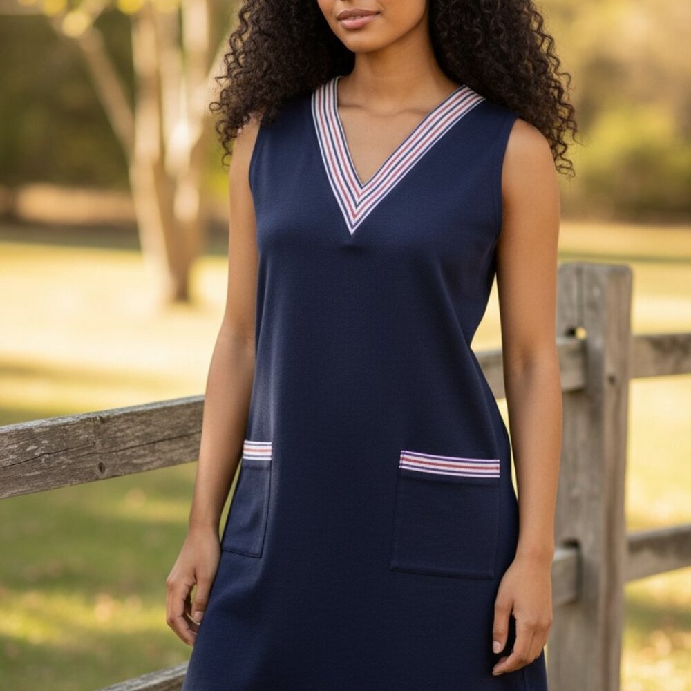 (C-79)Mme & Co‎ Women’s Navy Sleeveless Tunic Dress Size S V-Neck Pockets Casual